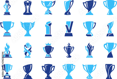 Golden cup and trophy icons collection for achievement rewards and competition celebration.