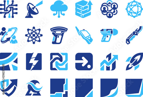 Collection of modern technology and data infrastructure icons for cloud computing systems.