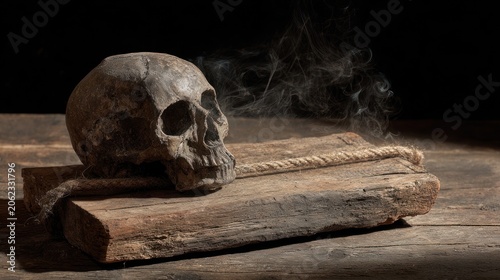 Human skull on wooden surface with smoke against black background