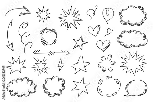 Vector illustration of various line art icons and symbols on white background