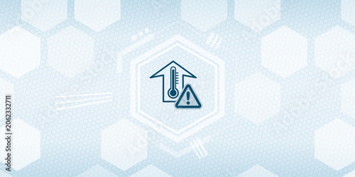 Schilderij op canvas High temperature warning vector graphic design showing a thermometer rising symbol with an alert sign on a technical hexagonal digital background for modern industry monitoring systems