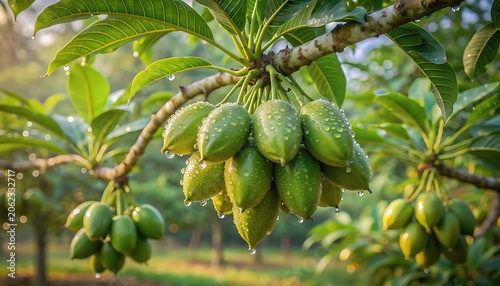 Fresh green young almonds hanging on a tree branch with water drops in an orchard