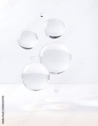 Clear Transparent Water Droplets Floating in Midair with Soft Light Reflections on a Minimalist White Background
