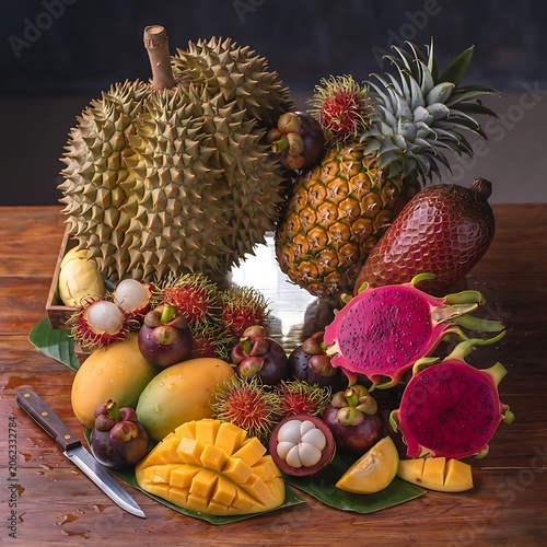 Assortment of fresh tropical fruits including durian, mango, dragon fruit and rambutan on a wooden table