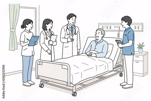 医療スタッフが入院患者を回診するイラスト
