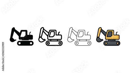 Excavator construction vehicle in different styles during daytime isolated on white background