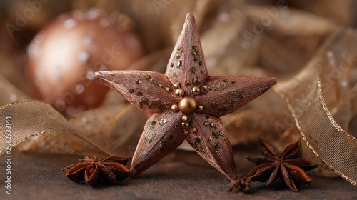 Close up of a decorative star with other ornaments copy space festive background