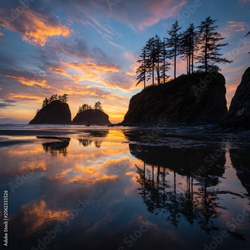 Scenic Coastal Landscape During Sunset with Rocky Cliffs and Tall Pine Trees Reflecting in Calm Water