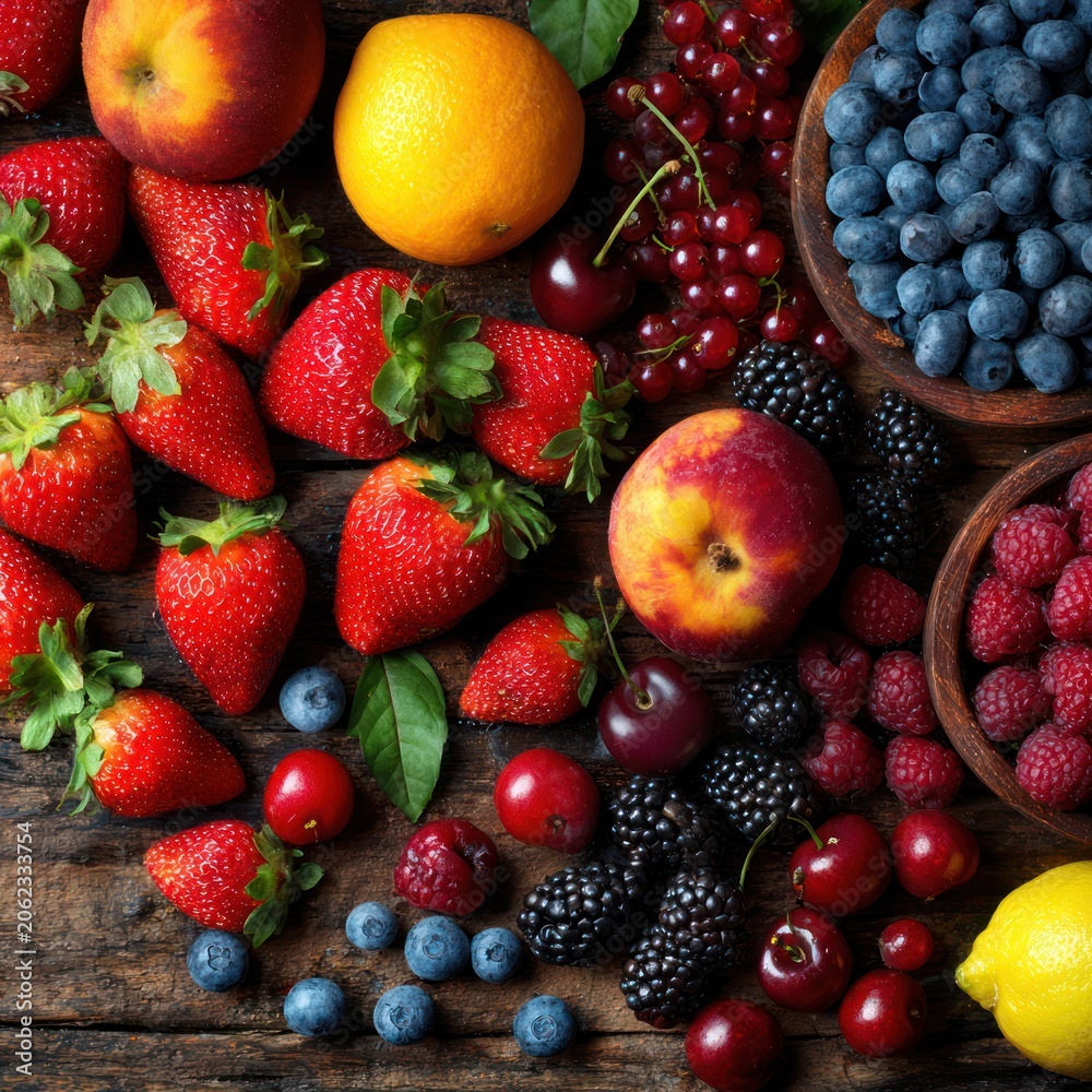 Fototapeta premium Fresh Berries and Fruits Composition on Rustic Wooden Surface