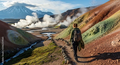 Hiker on path admiring colorful landscape with volcano in background Kamchatka with Russia.
