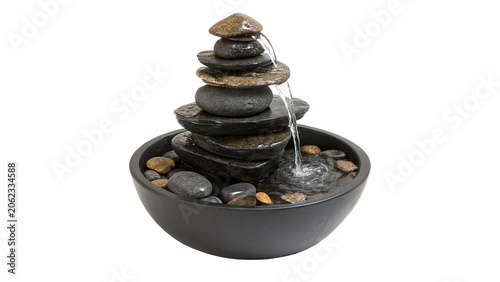 Canvas Print Small indoor stone zen fountain with flowing water isolated on a transparent bac