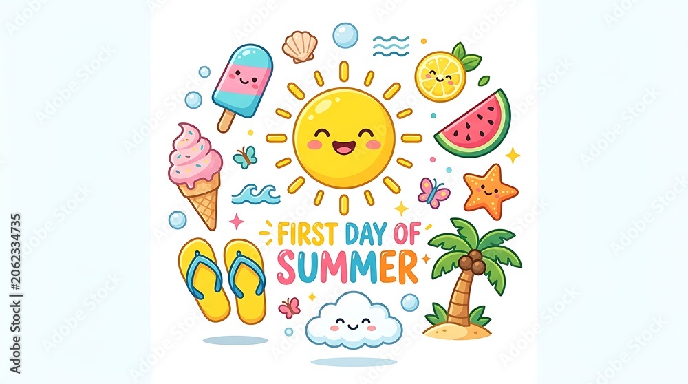 Fototapeta premium Colorful first day of summer illustration with ice cream sun flipflops and tropical fruits celebration