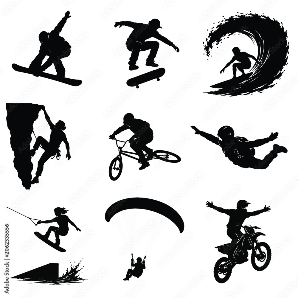 Naklejka premium Extreme Sports Silhouettes Collection On White Background