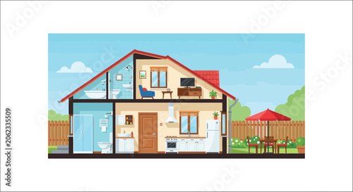 Photos House Cross section Illustration With Interior Details And Scenic Background