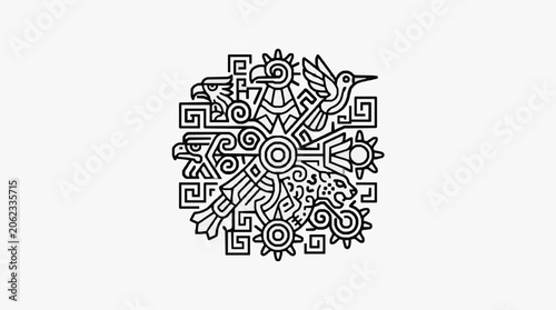 Quadro em tela Intricate Aztec Sun Stone Inspired Design with Animals.