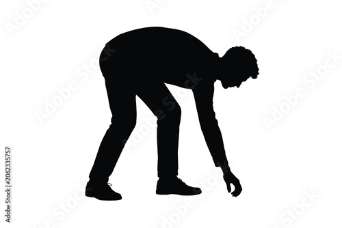 Man Bending Silhouette Reaching Down Isolated on White