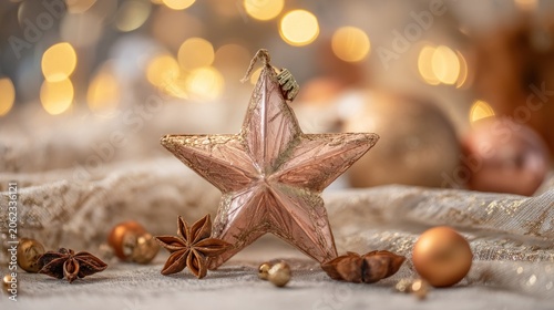 Close up of golden star ornament with other festive elements for holiday decor