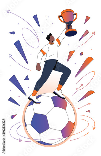 FIFA Champion Standing on Soccer Ball Holding Trophy Flat Vector Illustration