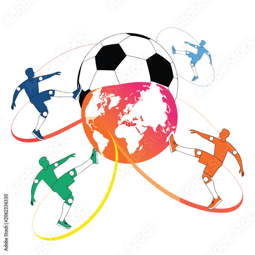 FIFA International Football Players Orbiting Globe with Soccer Ball Vector Illustration
