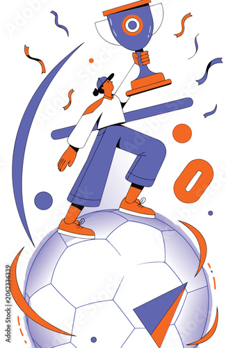 FIFA Winning Football Player Holding Trophy on Soccer Ball Vector Illustration