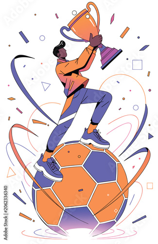 FIFA Champion Celebrating Victory on Giant Soccer Ball Flat Vector Illustration