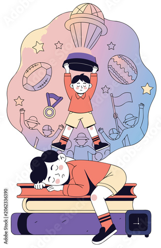 FIFA World Cup Student Dreaming of Football Trophy Success Flat Vector Illustration