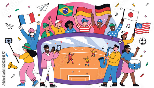 FIFA World Cup Global Fans Watching Live Football Championship Flat Vector Illustration