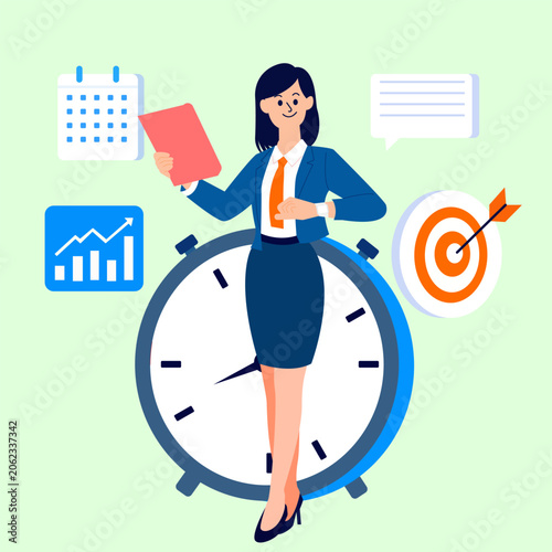 Businesswoman Managing Corporate Work Schedules and Deadlines with Big Clock, Time Management and Productivity Vector Concept.