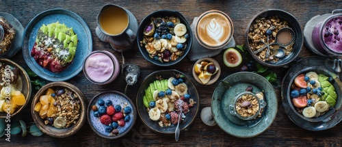 Gourmet vegan breakfast flat lay featuring avocado toast and smoothie bowls