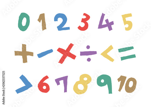 0から10までの数字と四則演算などで使用する記号の手描きイラストセット（カラフル）
