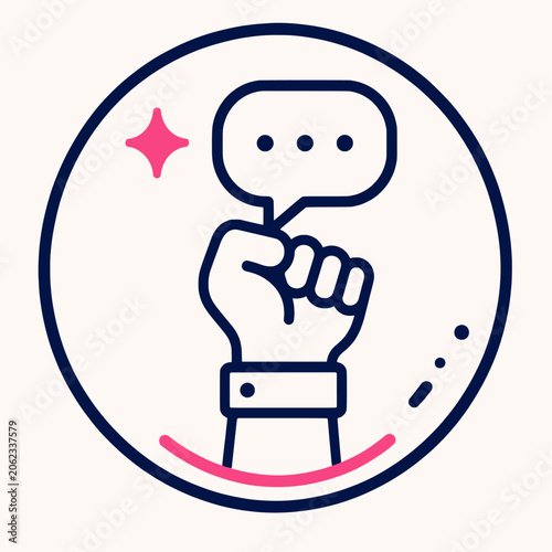 Circle badge icon fist holding speech bubble navy pink sparkle line art vector logo