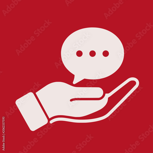 Red background white silhouette hand offering speech bubble customer service vector icon
