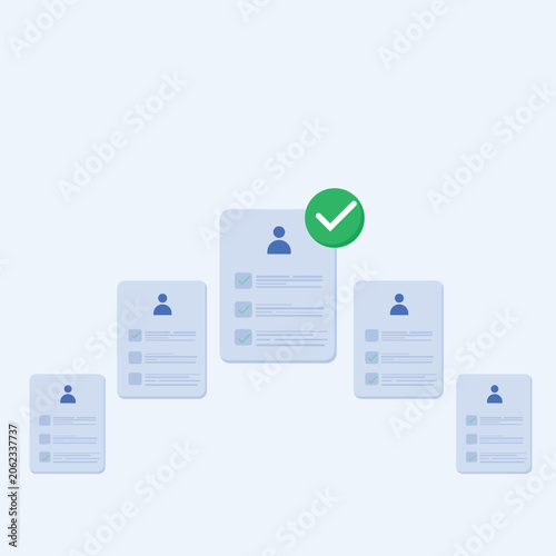 Automated Candidate Screening and Profile Selection System with Green Checkmark Icon, HR Recruitment Vector Illustration.