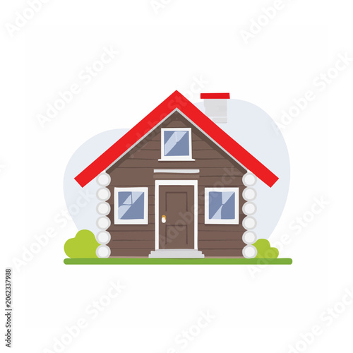 Flat design red house with green lawn vector