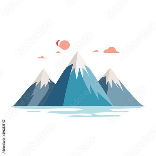 Minimalist 3D mountain range with sun