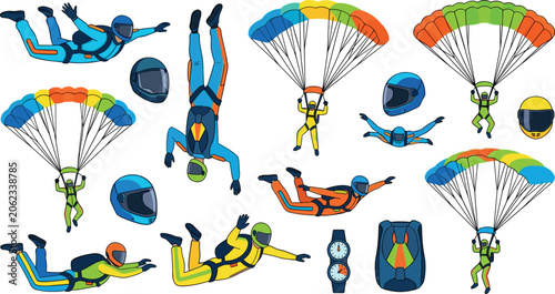 Photos Skydiving and Parachuting Vector Icon Set with Skydivers in Freefall Extreme Spo