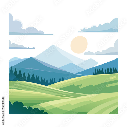 Flat color mountain landscape with sun and trees