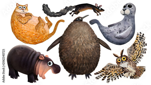 Collection of Cute Hand-Drawn Style Wildlife Animals Isolated on White Background