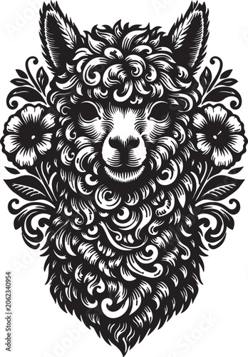 Alpaca Head Portrait With Floral Ornaments