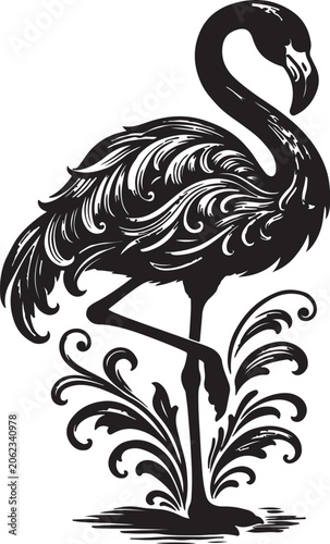 Ornate Baroque Flamingo Silhouette With Swirls