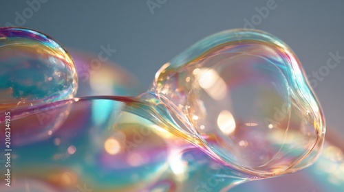 Close up of iridescent bubbles reflecting light against a soft background