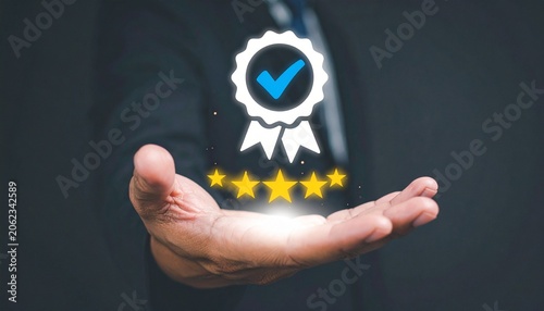 Hand presenting five‑star quality badge symbolizing trust and excellence