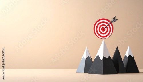Mountains with target arrow hitting bullseye above tallest peak