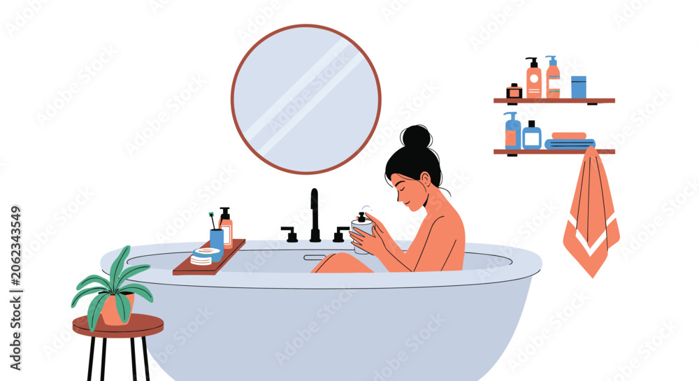 Obraz premium Woman enjoying a relaxing bath in a large white tub filled with soap bubbles in a stylish bathroom with plants and accessories.