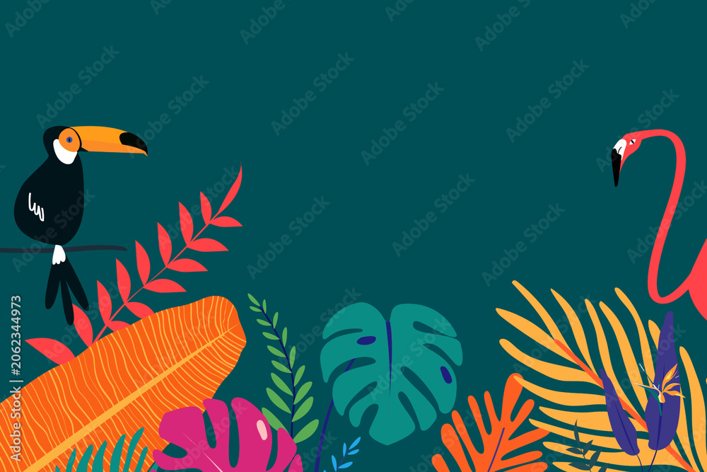 Obraz premium Colorful tropical leaf bird background, green design