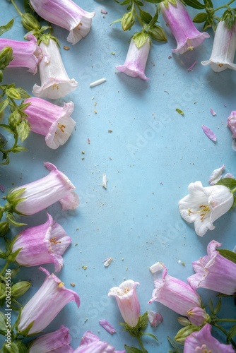 Frame of pink and white bell flowers on a textured blue background with scattered petals and copy space