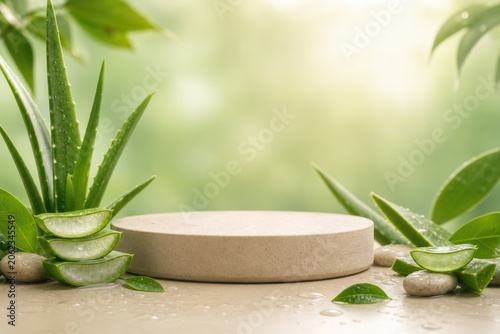 Beige circular podium with aloe vera plant slices stones and water drops on a bright green background