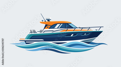 Foto Modern motorboat cruising on blue water waves with white background