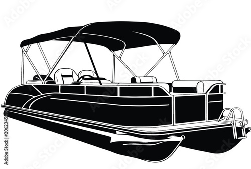 Illustration of a pontoon boat with canopy on water in calm surroundings