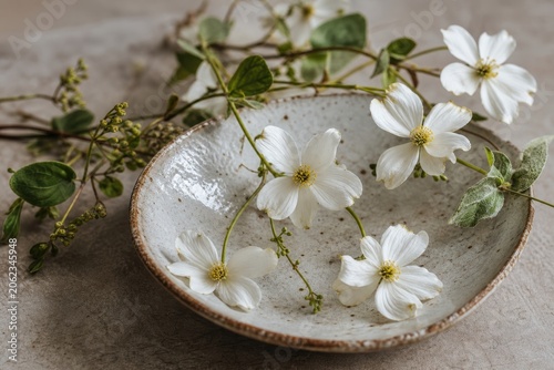 Rustic ceramic bowl with white flowers arranged on a textured table surface